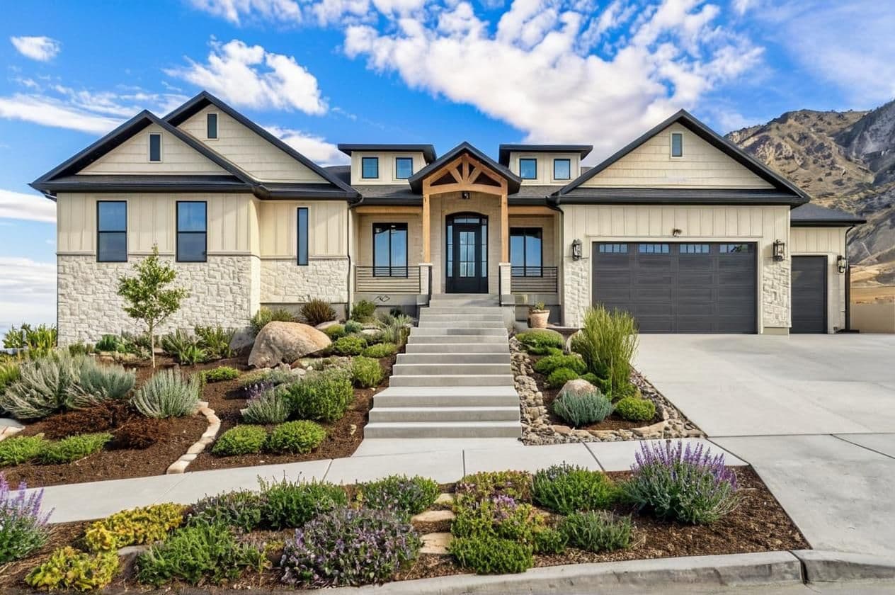 Custom built by a Utah home builder - Modern farmhouse with stone and cream siding, dark-trimmed windows, central wood-beam entry, three-car garage, concrete driveway, and drought-resistant landscaping with native plants and boulders