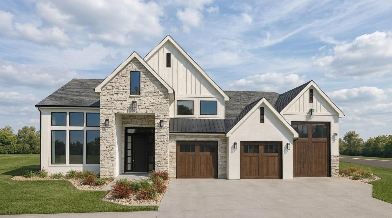 Custom built by a Utah home builder - Modern two-story house with stone and white siding, three-car garage with wooden doors, large front windows, and landscaping under blue sky