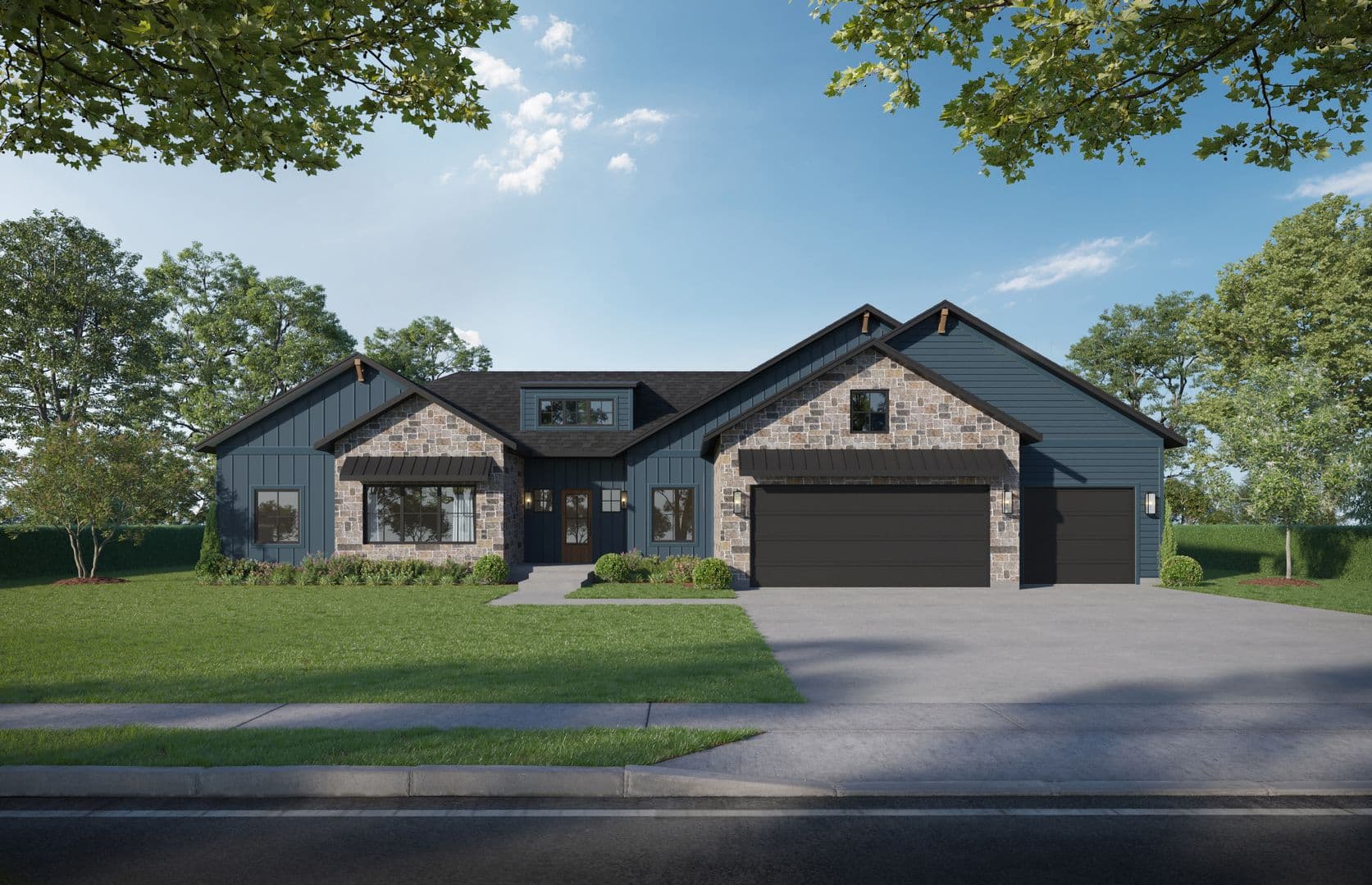 Built by the number 1 home builder in Cache Valley, this is a modern home with stone and blue siding, dark roof, two-car garage, and landscaped lawn under clear sky