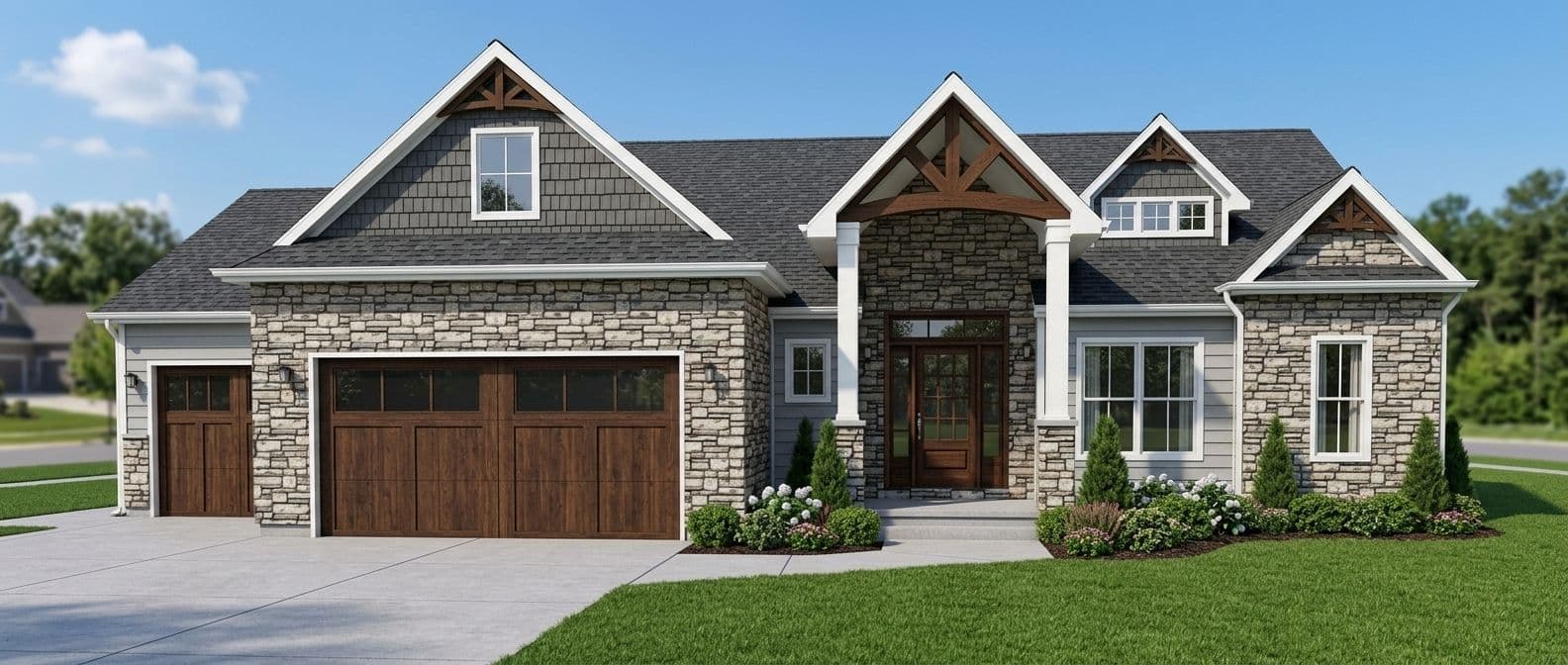 Constructed by a home builder in Utah - Modern one-story stone and siding home with three-car garage, gabled roof sections, wooden entry door, and landscaped front yard