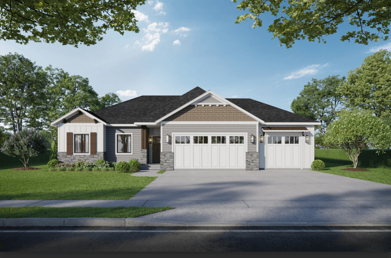 Built a custom Modern single-story house with white trim, dark roof, and three-car garage on manicured lawn surrounded by trees